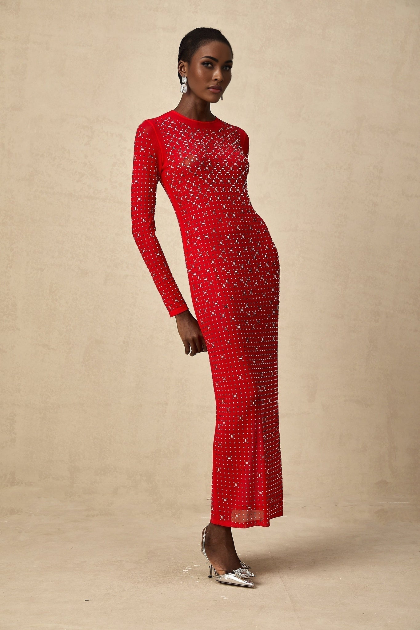 sheer tulle maxi dress Vivian Red Maxi Dress | Rhinestone Embellishments, Flared Sleeves