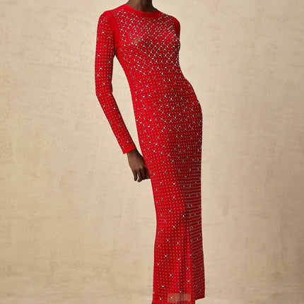 Vivian Red Tulle Maxi Dress with Rhinestone Embellishments and Flared Sleeves