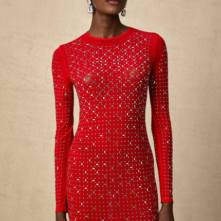 Vivian Red Tulle Maxi Dress Rhinestone Embellishments Flared Sleeves Stud Detailing Flared Hem Floor-Length Gown