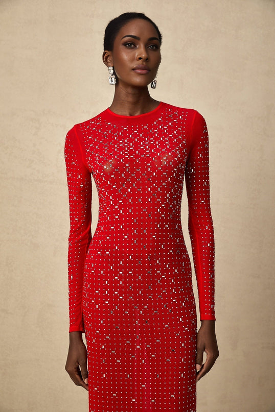 Vivian Red Tulle Maxi Dress Rhinestone Embellishments Flared Sleeves Stud Detailing Flared Hem Floor-Length Gown