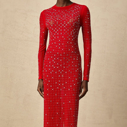 Vivian Red Tulle Maxi Dress with Rhinestone Embellishments and Flared Sleeves