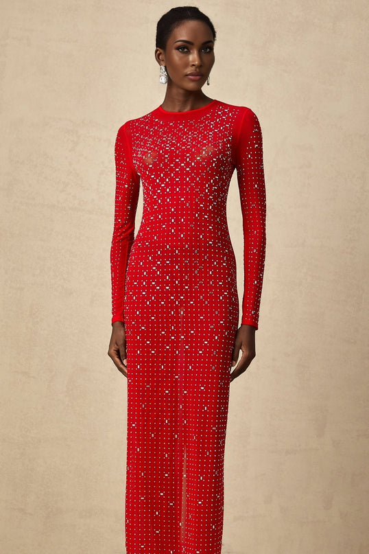Vivian Red Tulle Maxi Dress with Rhinestone Embellishments and Flared Sleeves