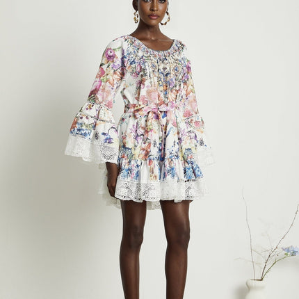 Vivian White Lace Trim Floral Mini Dress