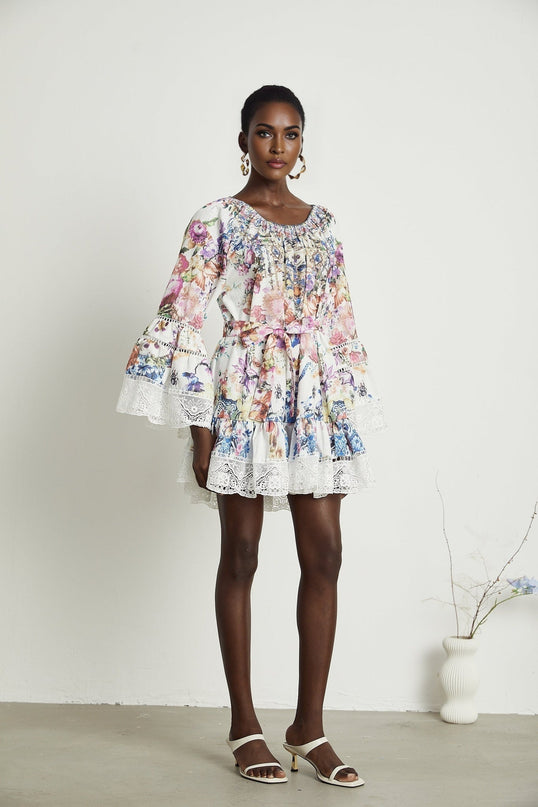 Vivian White Lace Trim Floral Mini Dress
