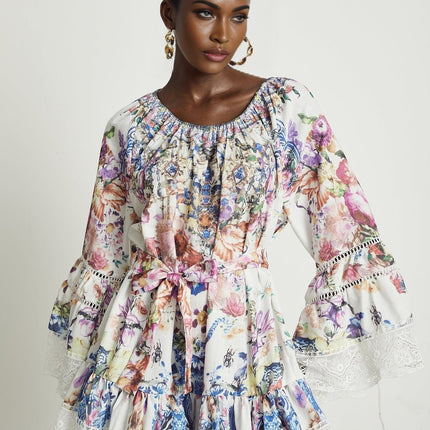 Vivian White Lace Trim Floral Mini Dress