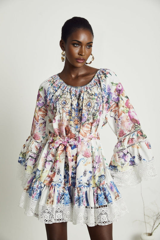 Vivian White Lace Trim Floral Mini Dress
