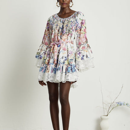Vivian White Lace Trim Floral Mini Dress