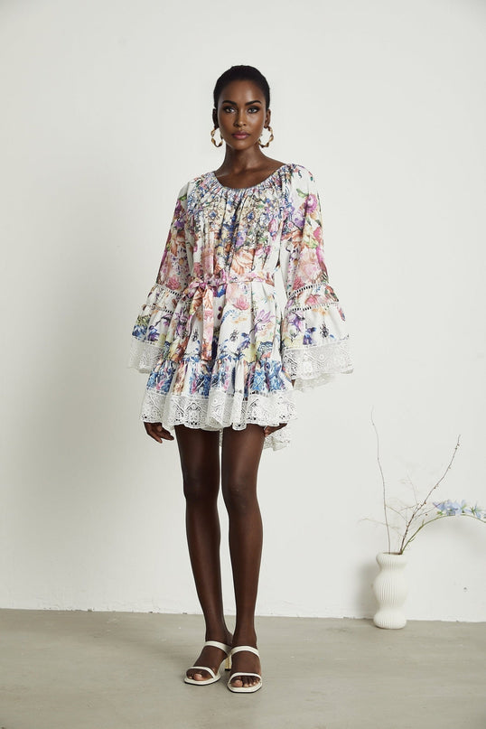 Vivian White Lace Trim Floral Mini Dress