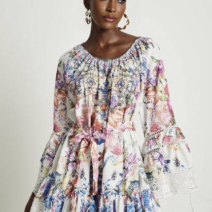 Vivian White Lace Trim Floral Print Mini Dress