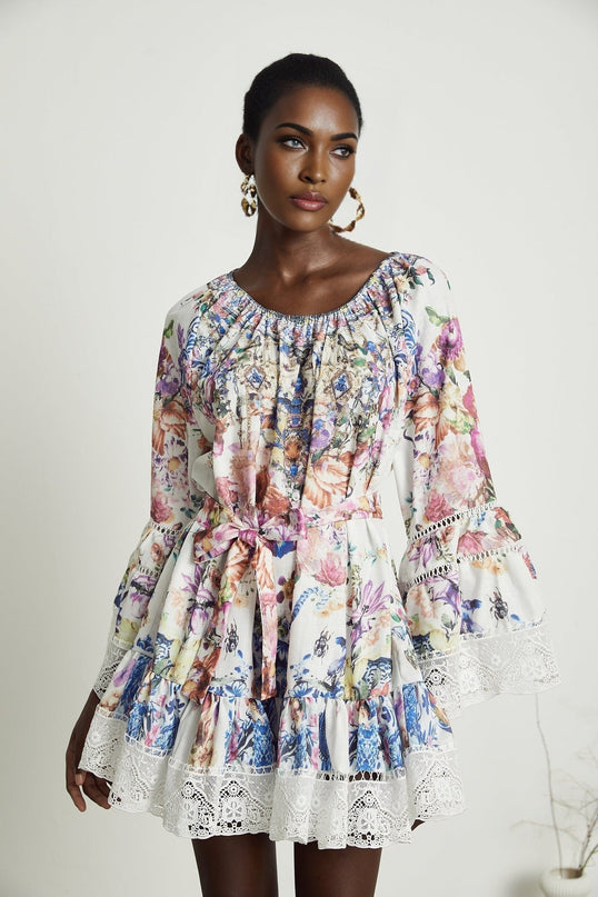 Vivian White Lace Trim Floral Print Mini Dress