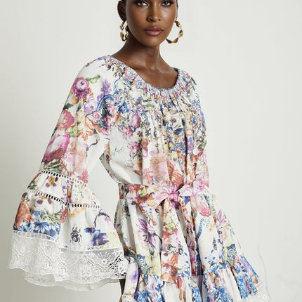 Vivian White Lace Trim Floral Print Mini Dress