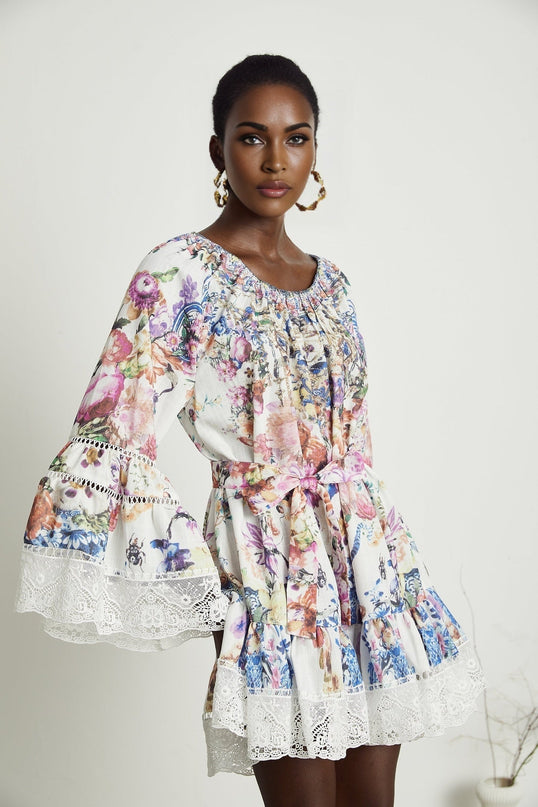 Vivian White Lace Trim Floral Print Mini Dress