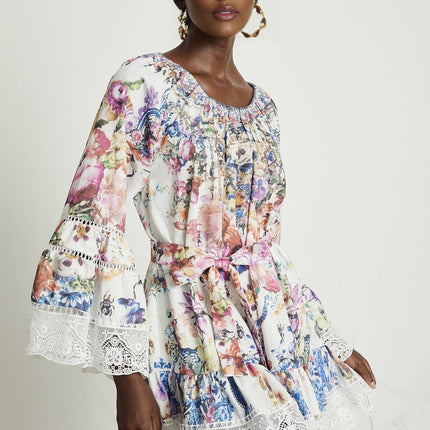 Vivian White Lace Trim Floral Print Mini Dress