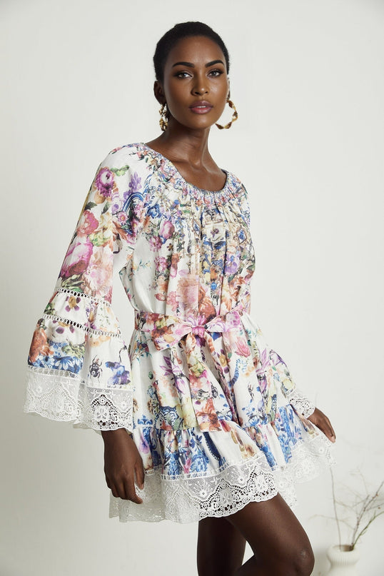 Vivian White Lace Trim Floral Print Mini Dress