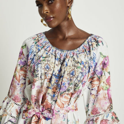 Vivian White Lace Trim Floral Print Mini Dress