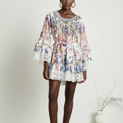 Vivian White Lace Trim Floral Print Mini Dress