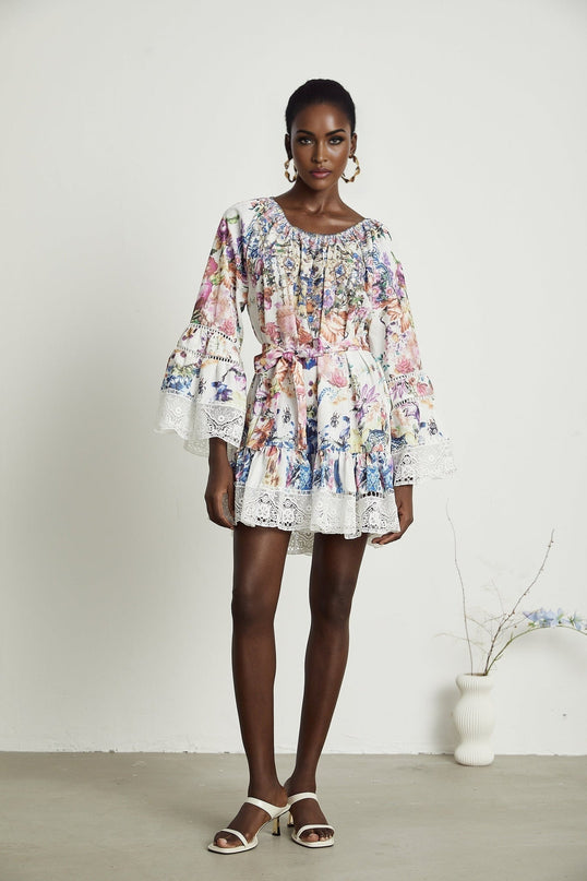 Vivian White Lace Trim Floral Print Mini Dress