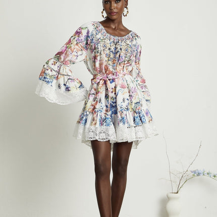 Vivian White Lace Trim Floral Print Mini Dress
