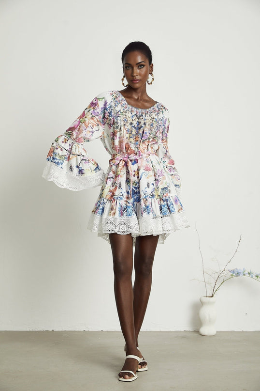 Vivian White Lace Trim Floral Print Mini Dress