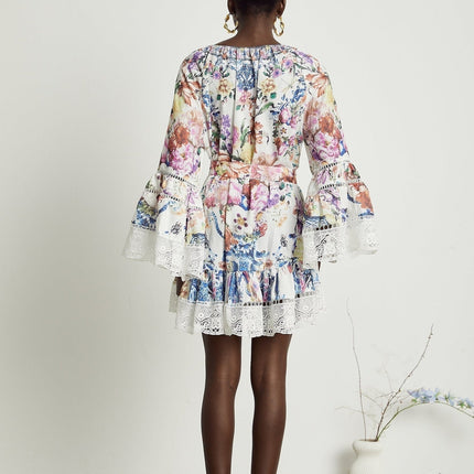 Vivian White Lace Trim Floral Print Mini Dress