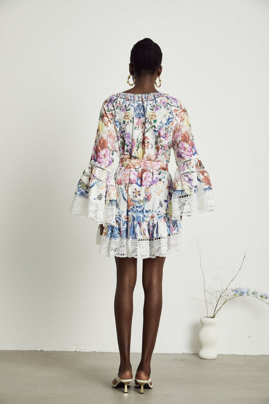Vivian White Lace Trim Floral Print Mini Dress