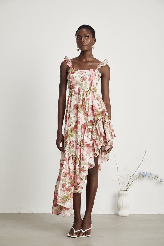 Vivien strawberryprint asymmetric midi dress
