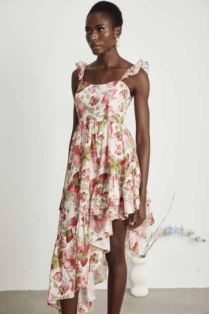 Vivien strawberryprint asymmetric midi dress