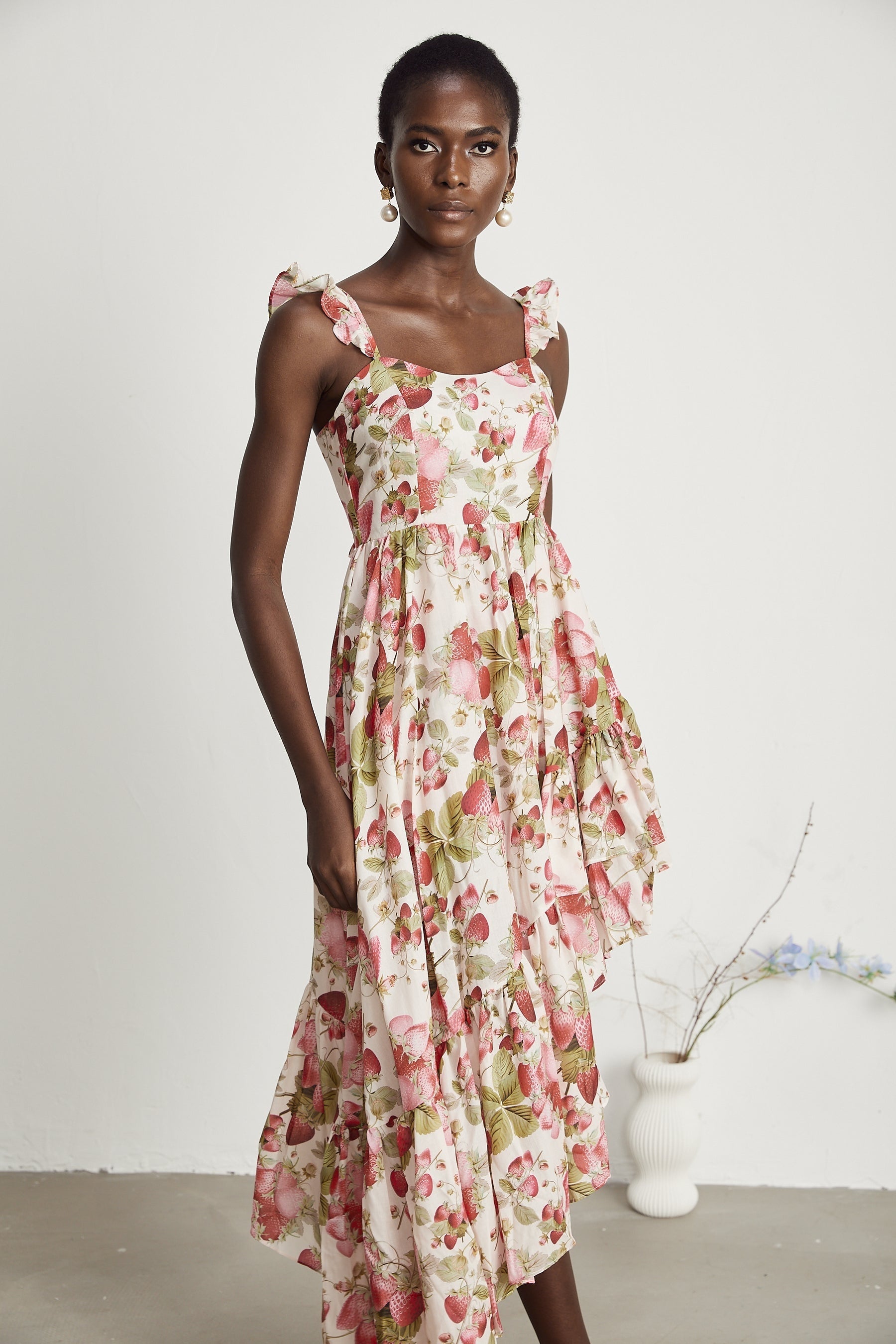 Vivien strawberryprint asymmetric midi dress