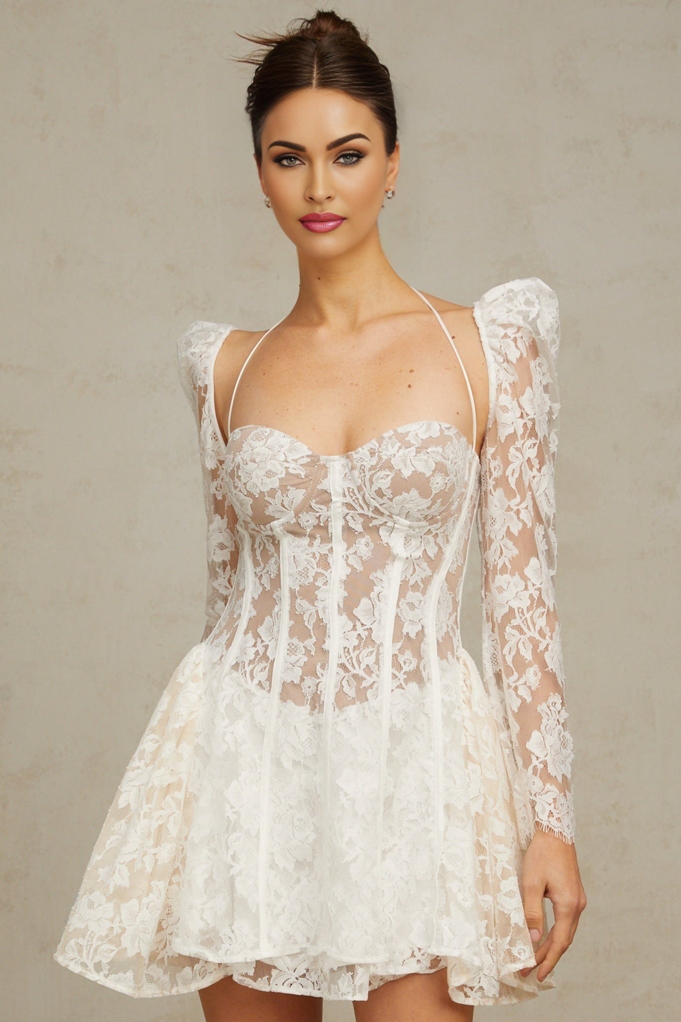 Vivienne white corset mini dress with floral lace pattern and form fitting silhouette