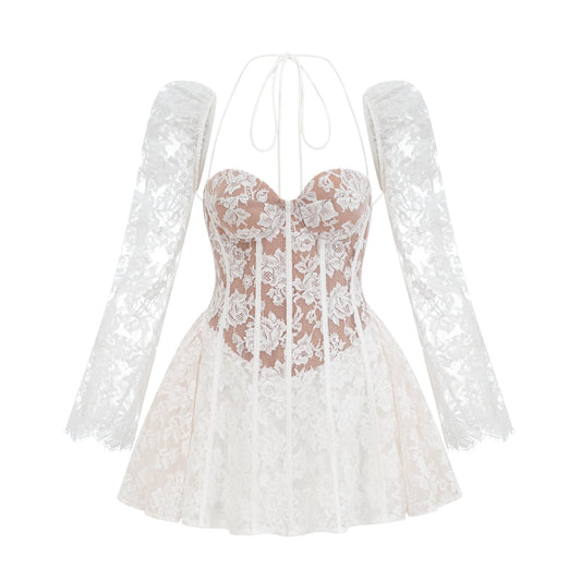Vivienne white floral lace corset mini dress on a mannequin against a plain background showcasing intricate lace pattern and fitted silhouette