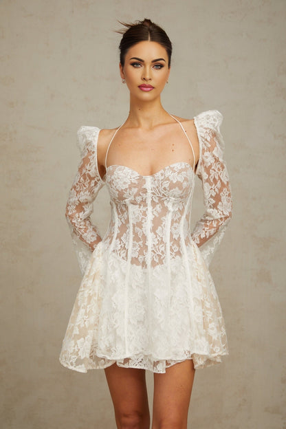 Vivienne white mini dress with floral lace detailing and corset style bodice