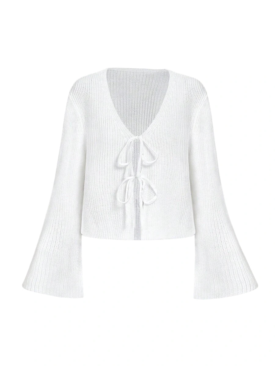VNeck Long Sleeve Front Tie Bow Apricot Knit CardiganWhite Women Cardigans Festival