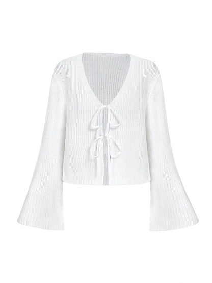 VNeck Long Sleeve Front Tie Bow Apricot Knit CardiganWhite Women Cardigans Festival