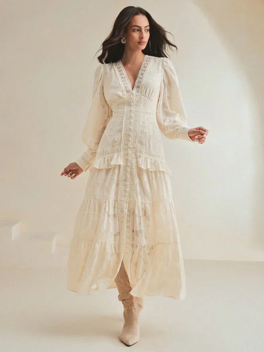 VNeck Puff Sleeve Cinched Waist Elegant Dress Maxi Women Outfit