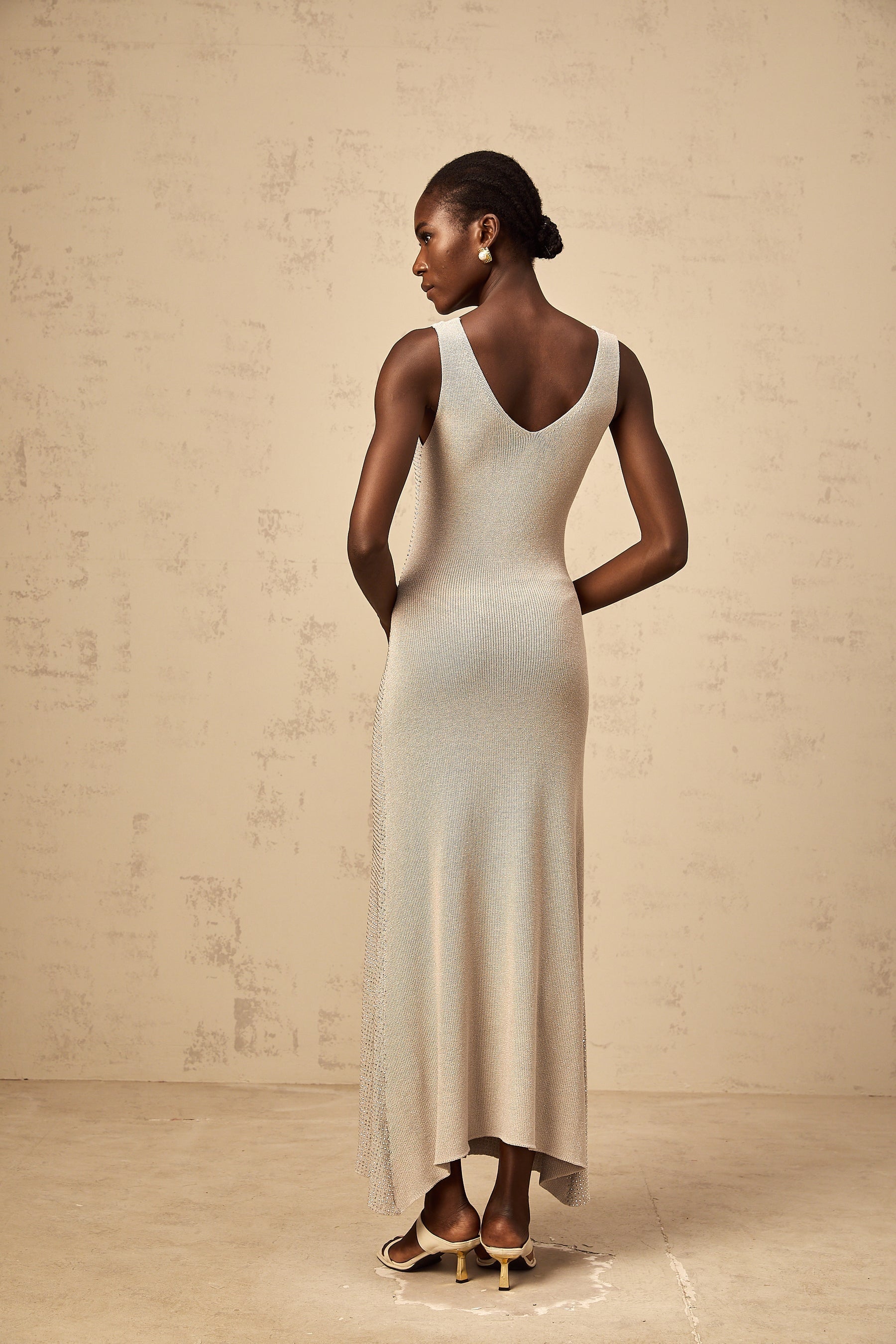Wanda grey rhinestone knitted tank maxi dress