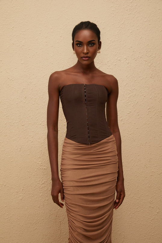 Wendy Brown Mesh Panelled Midi Dress