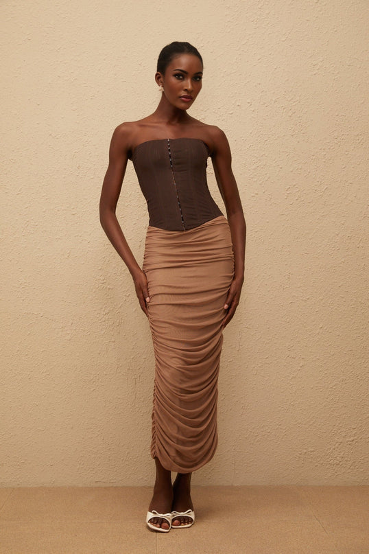 Wendy Midi Dress in Brown Mesh Panelled Design Boned Bodice Calf-length Cut Terylene Spandex Blend