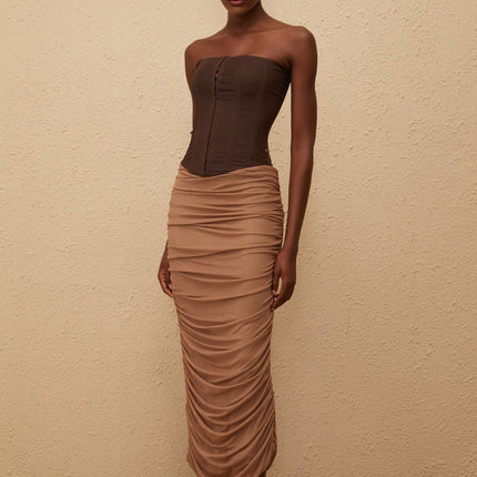 Wendy Midi Dress Brown Mesh Panelled Boned Bodice Calf-Length Terylene Spandex