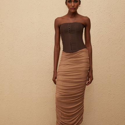 Wendy Midi Dress Brown Mesh Panelled Boned Bodice Calf-Length