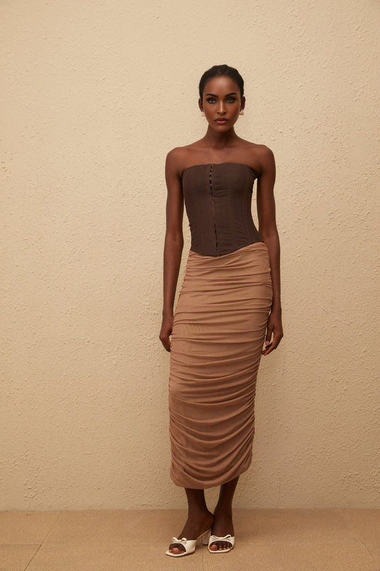 Wendy Midi Dress Brown Mesh Panelled Boned Bodice Calf-Length
