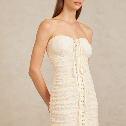 Wendy Mini Dress in Neutrals Floral Lace Off-Shoulder Ruched Sleeveless Lace-Up Mini Dress