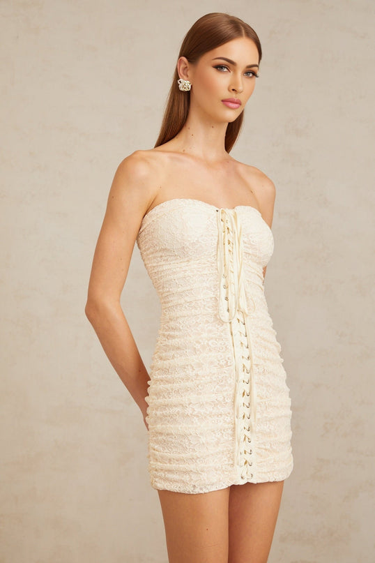 Wendy Mini Dress in Neutrals Floral Lace Off-Shoulder Ruched Sleeveless Lace-Up Mini Dress