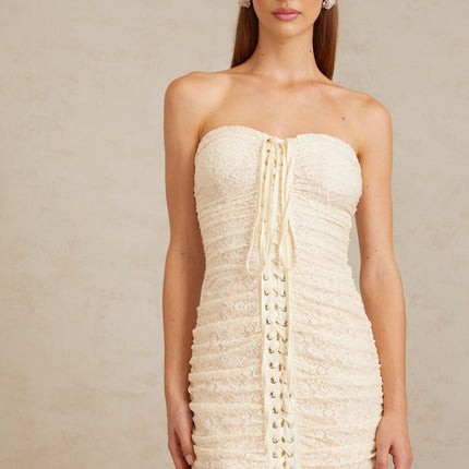 Wendy Mini Dress in Neutrals Floral Lace Off-Shoulder Ruched Sleeveless Mini Length