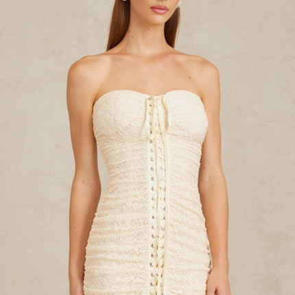 Wendy Mini Dress Neutrals Floral Lace Off-Shoulder Ruched Lace-Up Sleeveless Built-In Cups Rear Zip Mini Length Cotton Terylene Special Occasion
