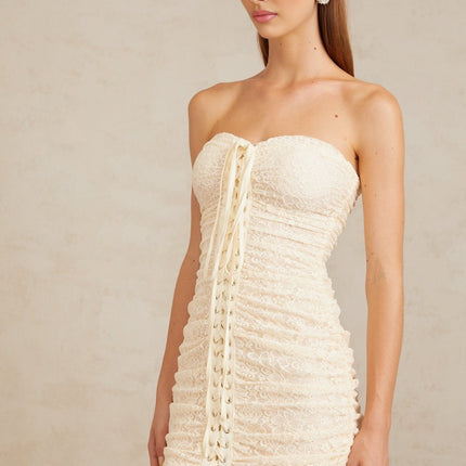 Wendy Mini Dress Neutrals Floral Lace Off-Shoulder Ruched Sleeveless Lace-Up Accents Built-In Cups Rear Zip Fastening Mini Length 65% Cotton 35% Terylene Fiber