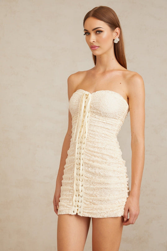 Wendy Mini Dress Neutrals Floral Lace Off-Shoulder Ruched Sleeveless Lace-Up Accents Built-In Cups Rear Zip Fastening Mini Length 65% Cotton 35% Terylene Fiber