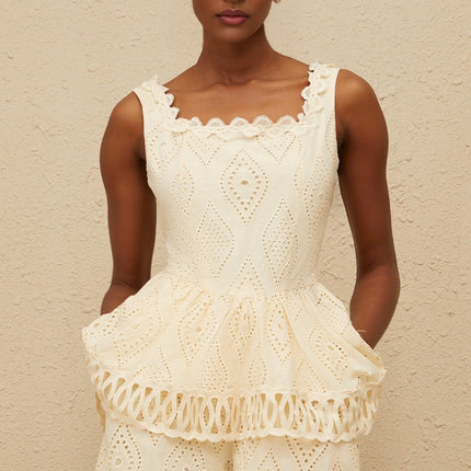 Wendy Neutrals Embroidered Top and Shorts Set Terylene Fiber Square Neck Lace Trim Peplum Waist Wide Leg Fit Scallop Hem Elasticated Waistband Size M