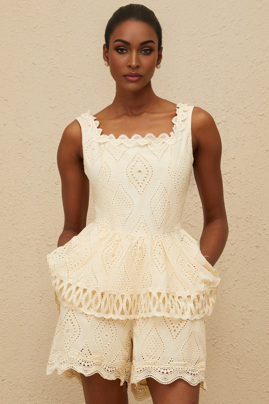 Wendy Neutrals Embroidered Top and Shorts Set Terylene Fiber Square Neck Lace Trim Peplum Waist Wide Leg Fit Scallop Hem Elasticated Waistband Size M
