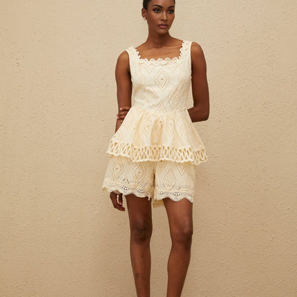 Wendy Neutrals Embroidered Top and Shorts Set 100 Terylene Fiber Square Neck Lace Trim Peplum Waist Wide Leg Fit Scallop Hem Elasticated Waistband Size M