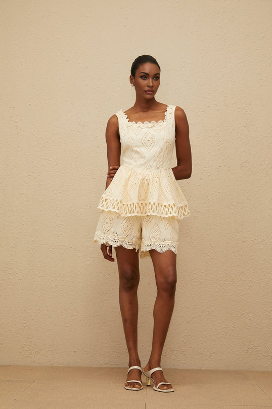Wendy Neutrals Embroidered Top and Shorts Set 100 Terylene Fiber Square Neck Lace Trim Peplum Waist Wide Leg Fit Scallop Hem Elasticated Waistband Size M